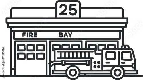 A fire station with a fire truck parked outside in minimalist outline vector style, suitable for emergency service illustrations