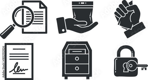 A collection of legal and business icons including a document, handshake, magnifying glass, drawer, and lock in black and white vector style, perfect for financial and legal services branding
