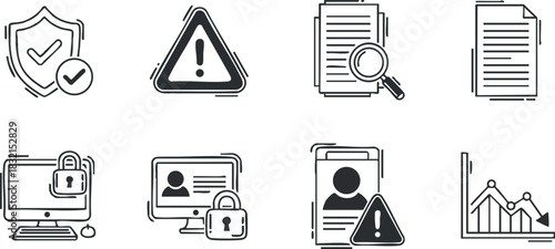 A set of security and data protection icons featuring shields, alerts, documents, and devices in minimalist black and white vector style, suitable for technology and business applications