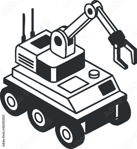 A robotic vehicle with an articulated arm and claw in black and white outline vector style, ideal for technology and engineering projects