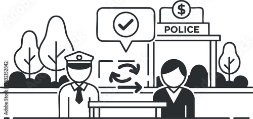 A police officer interacting with a citizen at a police station in flat black and white vector style, suitable for community safety projects