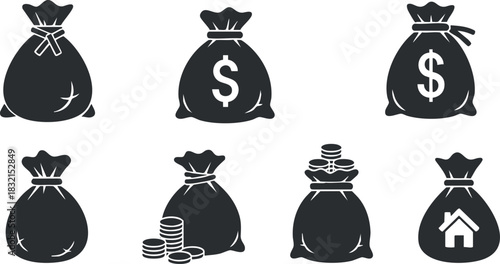 A collection of money bags, coins, and dollar symbols in black and white vector style, suitable for finance-related designs