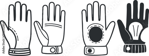 A collection of four different styles of gloves in black and white vector illustration, ideal for fashion and accessory design
