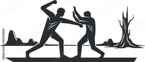 Two wrestlers engaged in a competition in black and white vector style, ideal for sports-related designs and illustrations