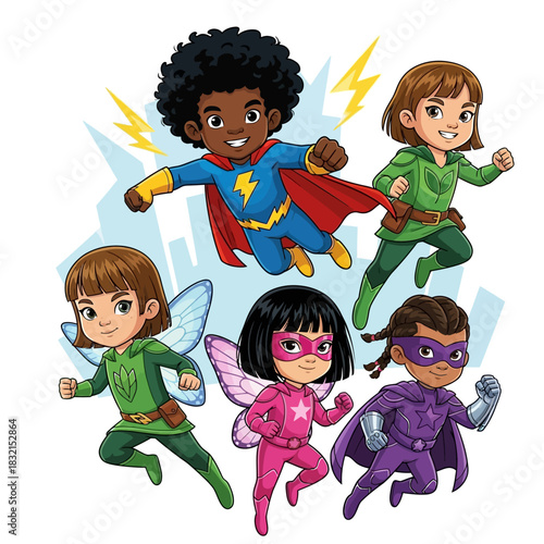 Diverse young superhero kids flying together with empowering energy