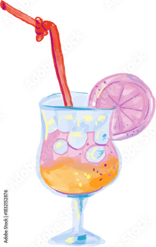 Watercolor Sketchy Pink Paloma Cocktail with Grapefruit Slice