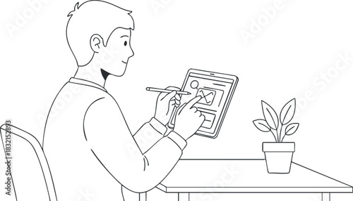 A person using a digital tablet to draw and create in a minimalist black and white vector style, ideal for design projects and creative branding