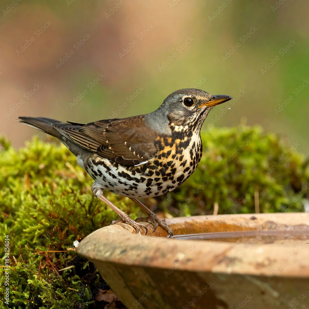 Fototapeta premium Mistle Thrush Perched on Bird Bath in Garden Setting.