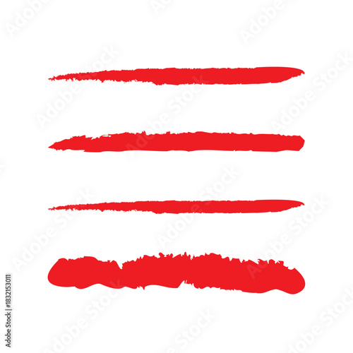 Red line brush stroke with pencil underline and crayon textures for graphic design - wavy marks, straight elements and zigzag patterns. Hand drawn highlights with rough edges for text decoration. 