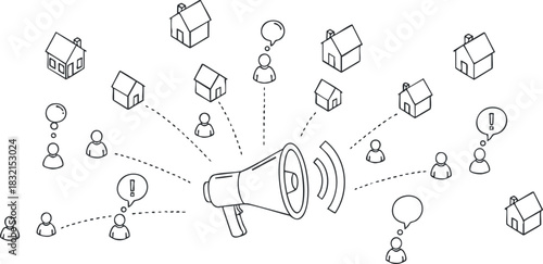 A megaphone in a network of houses and people in clean line art vector style, suitable for communication and marketing projects