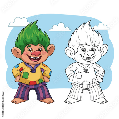 Cute cartoon troll character with coloring book page version.