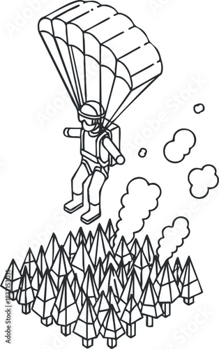 A parachutist descending from a parachute over a forest of trees in outline vector style, suitable for adventure and sports themes
