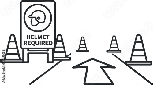 A safety warning sign indicating 'Helmet Required' with traffic cones in minimalist outline vector style, suitable for construction site visuals