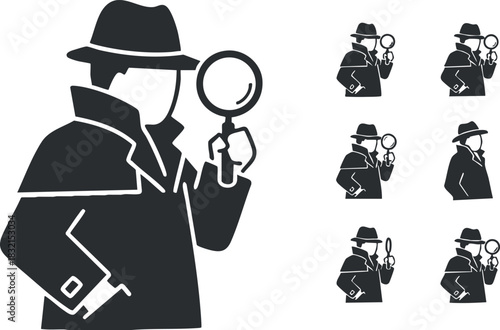A collection of detective silhouettes holding a magnifying glass in black vector style, suitable for mystery-themed designs