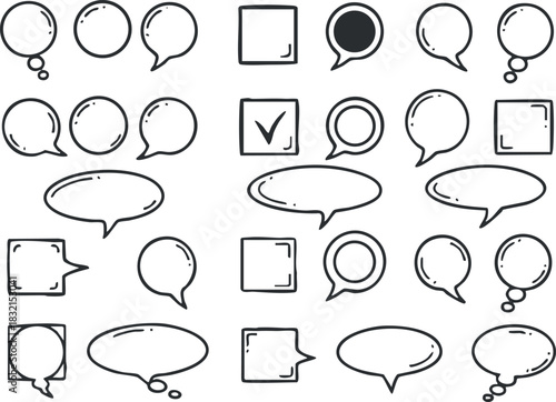A collection of speech bubbles, icons, and dialogue boxes in outline vector style, perfect for communication design and social media usage