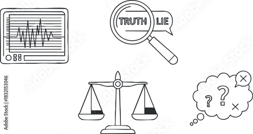 A collection of icons representing truth and lie concepts, including a scale, graph, and thought bubble in minimalist outline vector style, suitable for legal or analytical projects