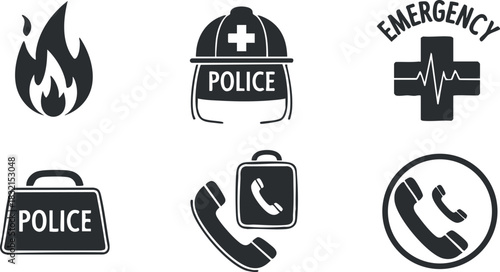 A collection of emergency service icons including police symbols, fire, and medical elements in simple black vector style, suitable for safety and emergency applications