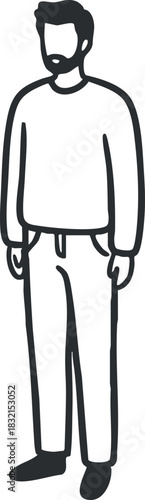 A standing man in casual clothing illustrated in minimalist outline vector style, suitable for lifestyle graphics and modern design projects