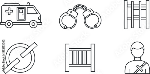 A collection of emergency and law enforcement icons in clean outline vector style, suitable for public safety and security projects