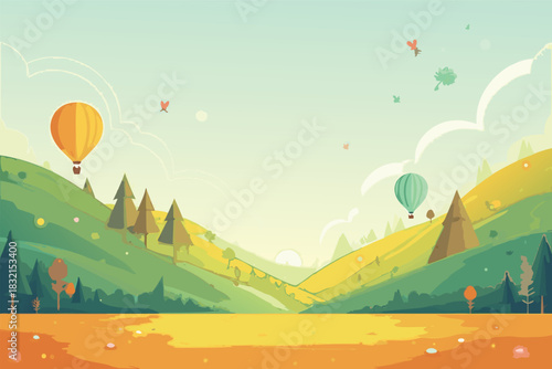 Colorful hot air balloons drifting across rolling green hills and a serene landscape under a warm, gradient sky.