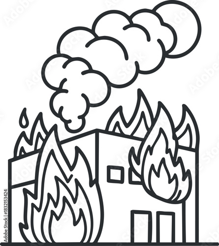 A burning building with flames and smoke in black and white outline vector style, suitable for fire safety and emergency awareness