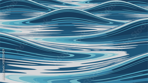Smooth digital illustration of flowing water ripples in navy and aqua with white highlights, creating a modern, elegant, and polished background pattern