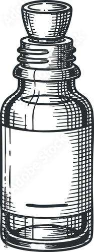 A vintage glass bottle with a cork stopper in detailed line art style, ideal for cosmetic or herbal product design