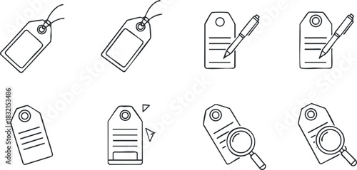 A collection of various tags and labels with writing tools in minimalist outline vector style, ideal for office and organizational design