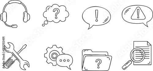 A collection of customer support and inquiry icons in outline minimalist vector style, suitable for technology and service design