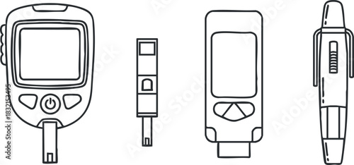 A set of diabetes monitoring devices including a glucose meter, test strips, and a pen in outline vector style, ideal for healthcare design and medical illustrations