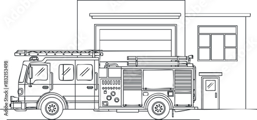 A detailed illustration of a fire truck parked beside a fire station in outline vector style, suitable for educational materials and safety campaigns