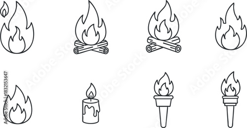 A collection of fire icons including flames, a candle, and a torch in minimalist outline vector style, ideal for camping and safety designs