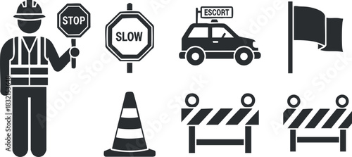 A set of construction and traffic safety icons in black and white vector style, ideal for signage and safety guidelines