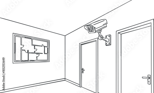 A surveillance camera mounted in a room with two doors and a window in minimalist outline vector style, ideal for security system designs