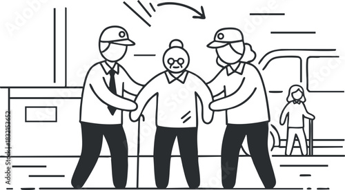 A scene depicting caregivers assisting an elderly person with a walking stick in an outline black and white vector style, suitable for health and wellness projects