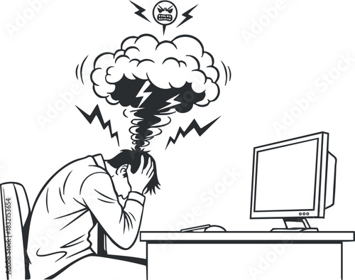 A person experiencing stress and frustration at a computer desk in black and white vector style, suitable for mental health awareness and workplace illustrations