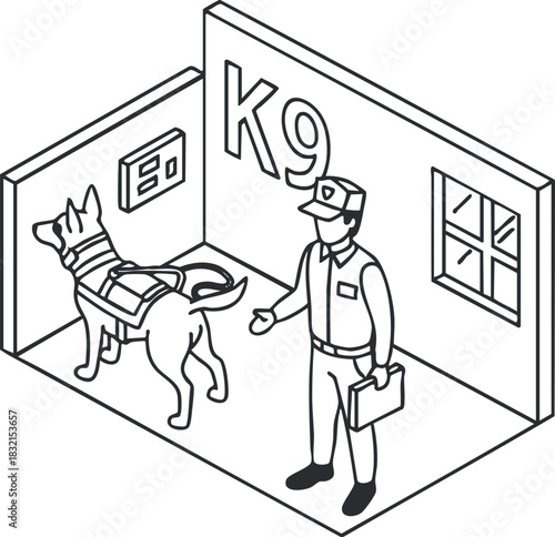 A K9 police officer with a service dog in black and white isometric vector style, suitable for law enforcement and security themes