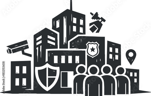 A modern urban cityscape featuring buildings, police symbols, security cameras, and people in black and white vector style, ideal for safety and security themes