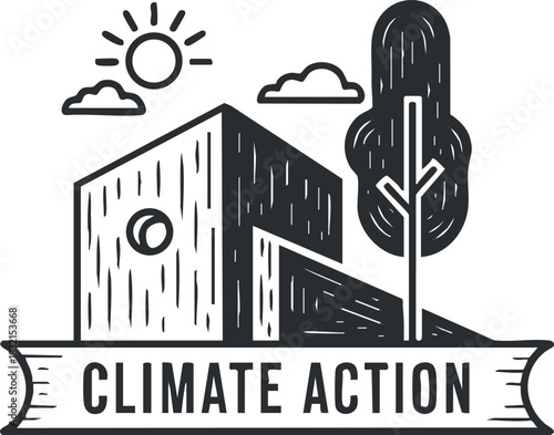 A climate action illustration featuring a building, tree, sun, and clouds in a minimalist black and white style, suitable for environmental campaigns