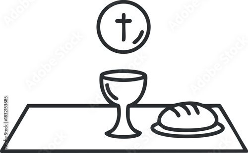 A depiction of a communion setup featuring a chalice and bread in minimalist line art style, suitable for religious contexts