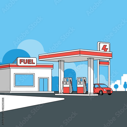 Modern gas station with car and fuel pumps in line art illustration