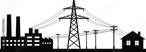Silhouette of Industrial Factory Power Lines and Residential House Keywords: industrial, factory, power lines, electricity