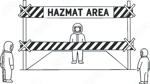 A hazmat area illustration featuring a warning sign with a person in a protective suit in minimalist vector style, ideal for safety and health communication