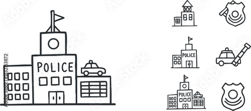 A collection of police station icons and a police building in black and white minimalist vector style, suitable for law enforcement graphics and design