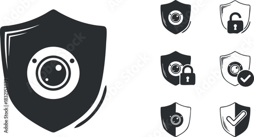 A collection of security shield icons featuring a camera, lock, and verified symbols in black and white vector style, ideal for technology and safety branding