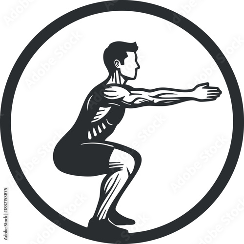 A man performing a squat exercise in black and white outline vector style, ideal for fitness and workout illustrations