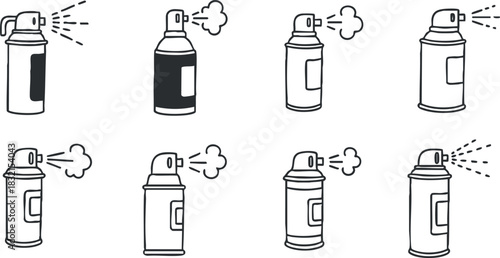 A collection of spray cans with varying designs in black and white outline vector style, ideal for art and design projects