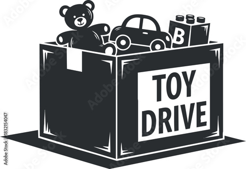 A donation box filled with toys including a teddy bear, car, and building blocks in black and white vector style, ideal for charity events and community drives