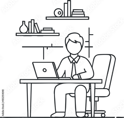 An illustration of a person sitting at a desk with a laptop and bookshelves in a minimalist line art style, suitable for business and productivity themes