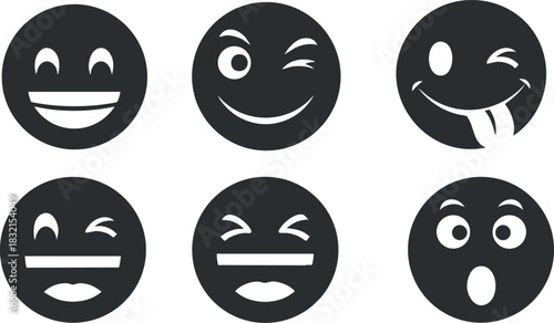 A set of six various smiley face emojis in black and white minimalist vector style, suitable for digital communication and social media.